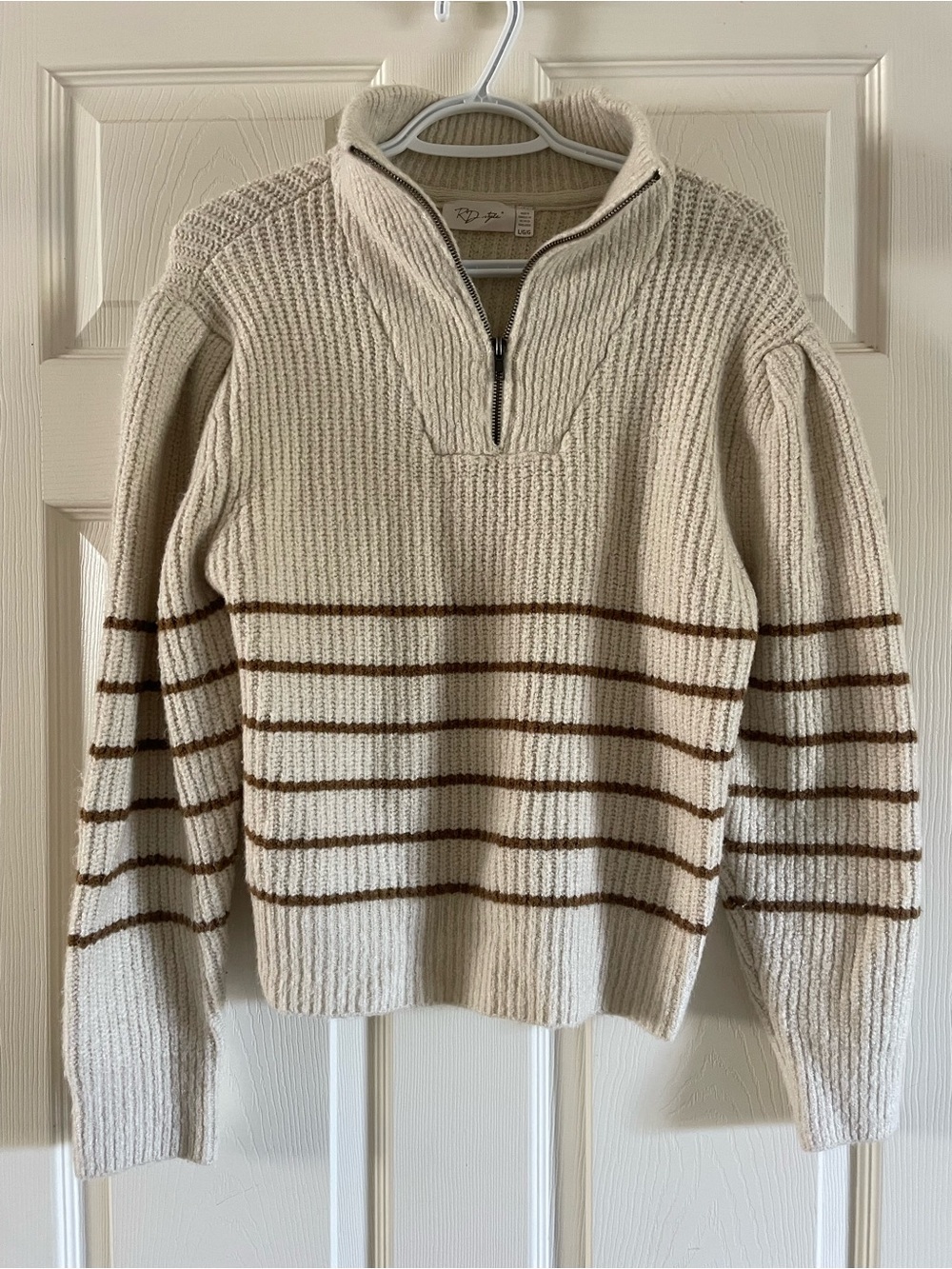 RD Style Women’s Chunky Knit Quarter-Zip Sweater – L/G – Cream & Brown